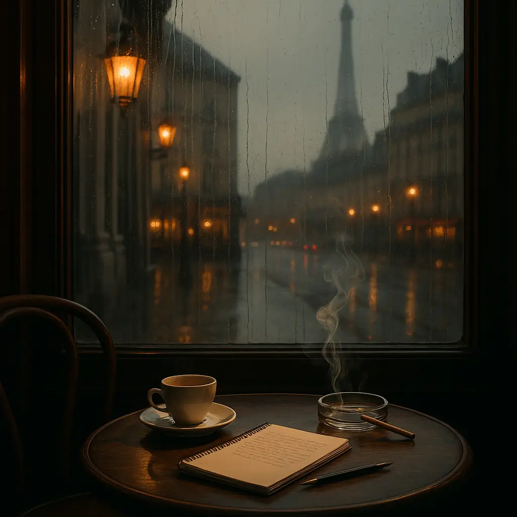 A Paris café at dusk with rain on the window, a notebook, coffee cup, and cigarette — evoking the lyrical, nostalgic tone of R. S. Profilio’s novella “Tomorrow, Perhaps.”